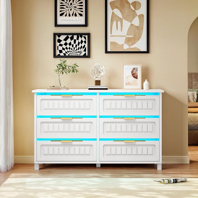 DWVO 6‑Drawer Dresser with LED Light & Open Shelf